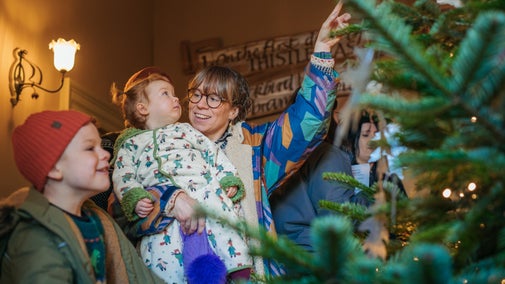A family searching for decorations on the Creatures of Dinefwr tree, Dinefwr, Carmarthenshire